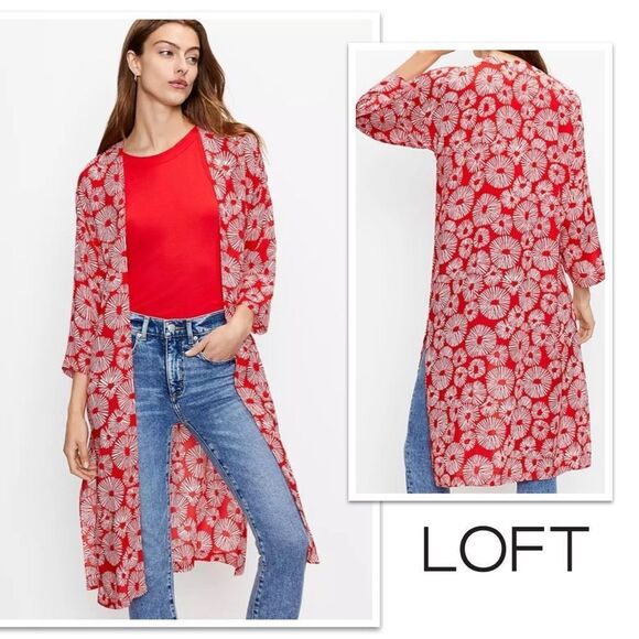 LOFT Other - LOFT Red White Firework Print Long Open Duster Kimono Coverup. Size XS/S
